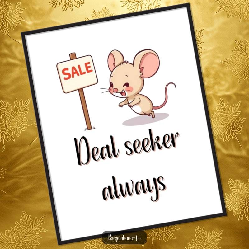 Funny poster of a grinning mouse scurrying towards a sale sign, celebrating the excitement of shopping and deals.