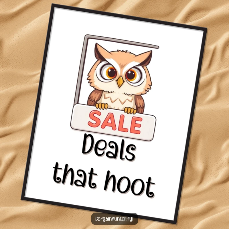 Funny curious owl peeking into a sale advertisement, presented as whimsical and humorous wall art.