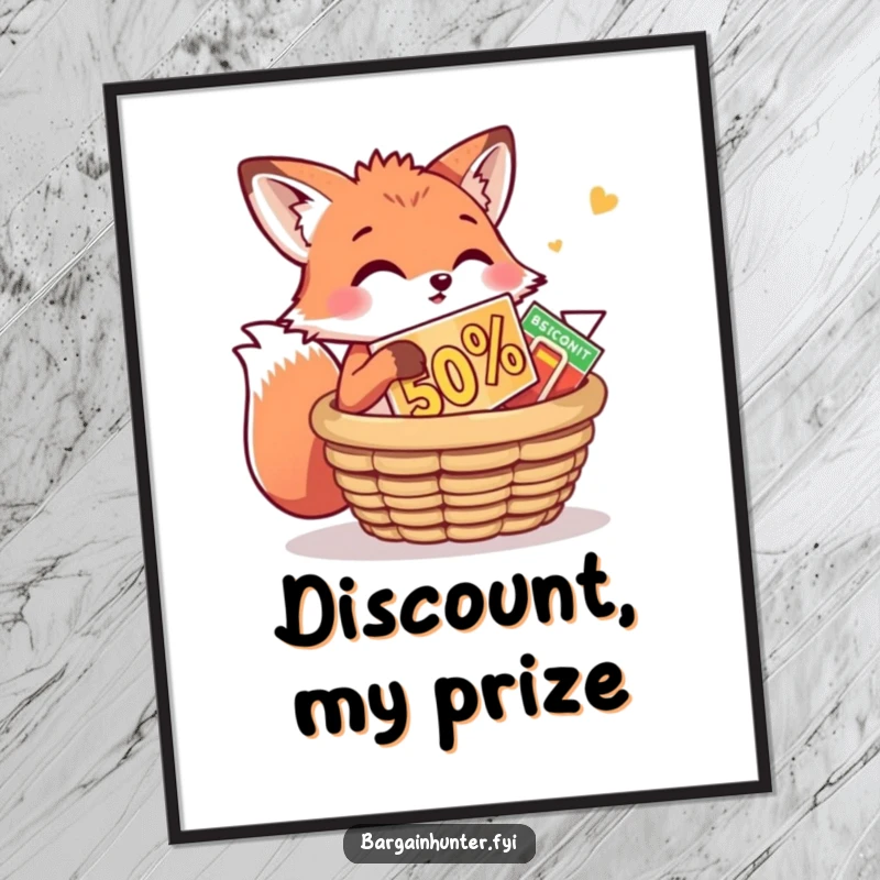 Funny Fox Poster: A playful fox is stuffing a huge discount into a basket. Humorous wall art for clever bargain hunters.