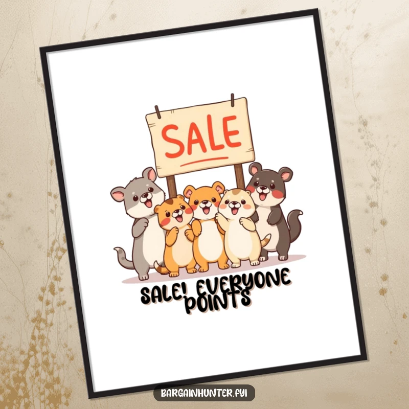 Funny illustration of animals excitedly pointing at a sale sign, vibrant poster art for cheerful spaces.
