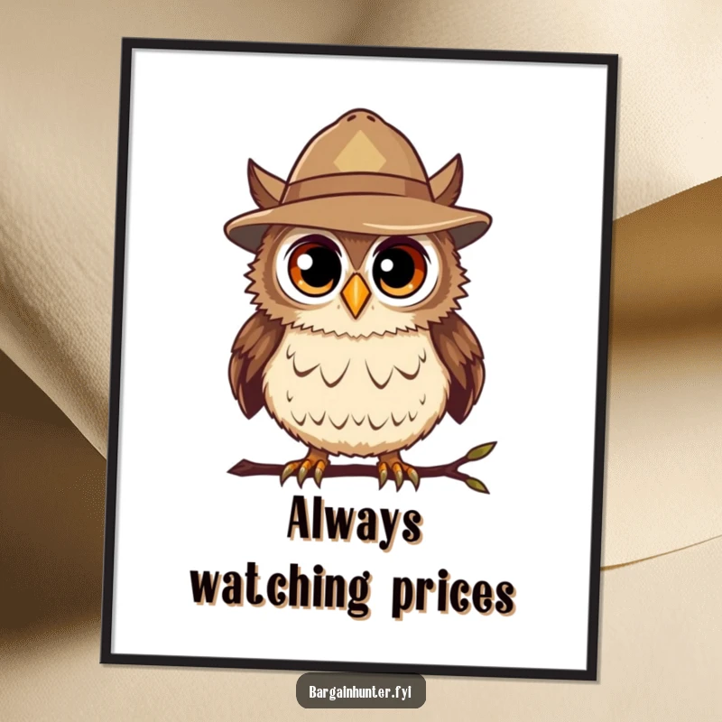 Funny Bargain Hunter Owl Poster featuring a curious owl in a hat, artfully spotting a hidden deal with humorous appeal.