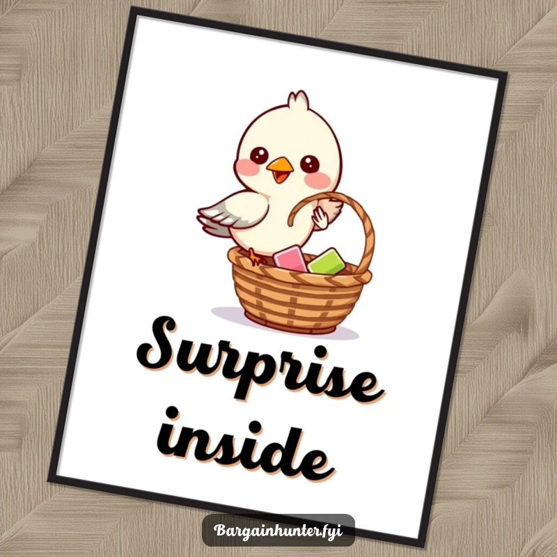 Funny poster art of a mischievous bird dropping a small item into a basket, creating funny moments.