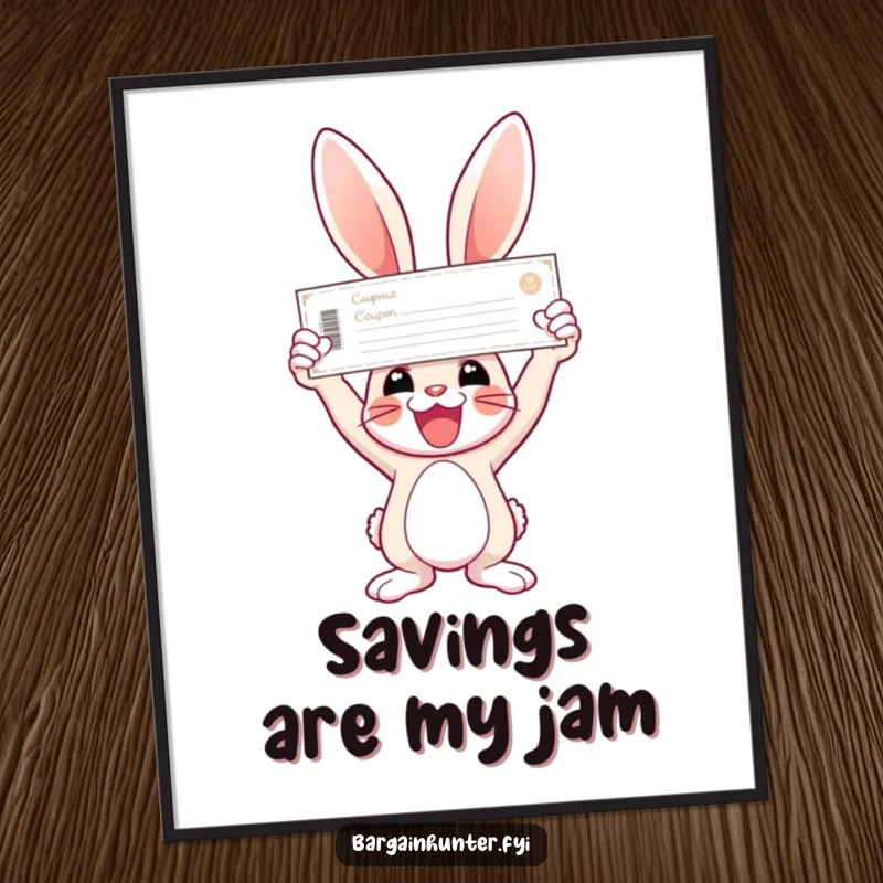 Funny bunny poster of a joyful bunny triumphantly holding a giant coupon aloft.