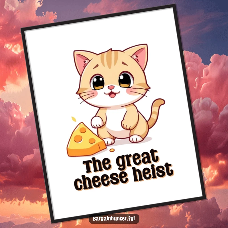 Funny Cat Poster: Amusing wall art of a wide-eyed cat character in hot pursuit of a dropped piece of cheese, full of playful energy.