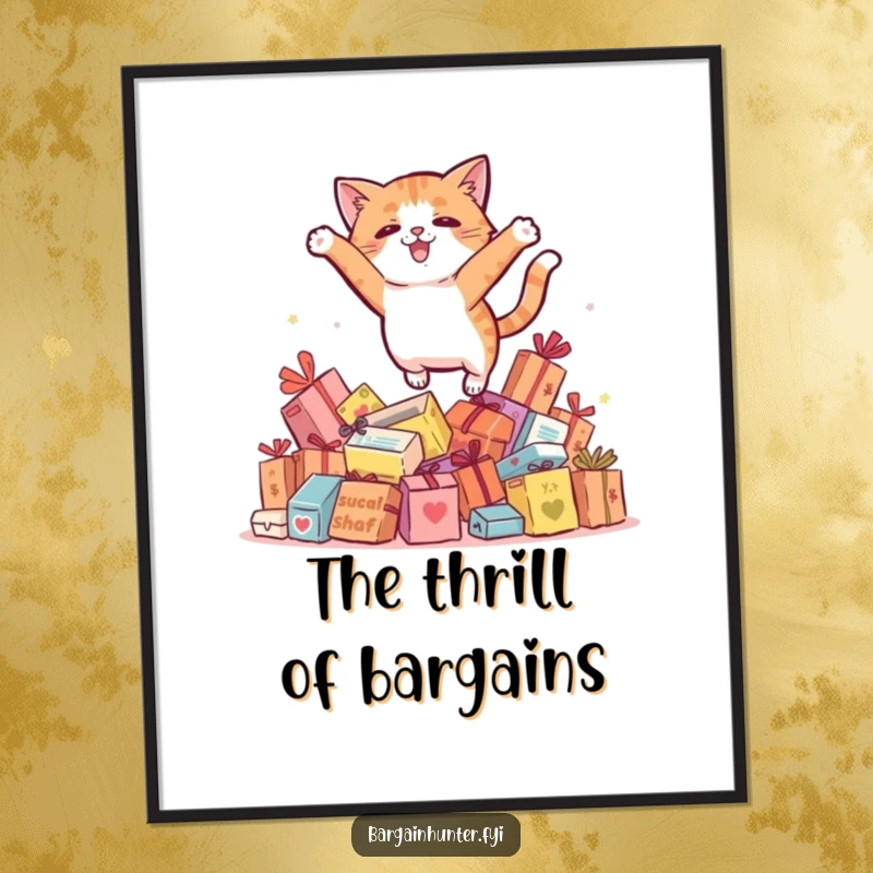 Funny cat in mid-leap over sale items, bringing dynamic humor and feline grace to wall art.