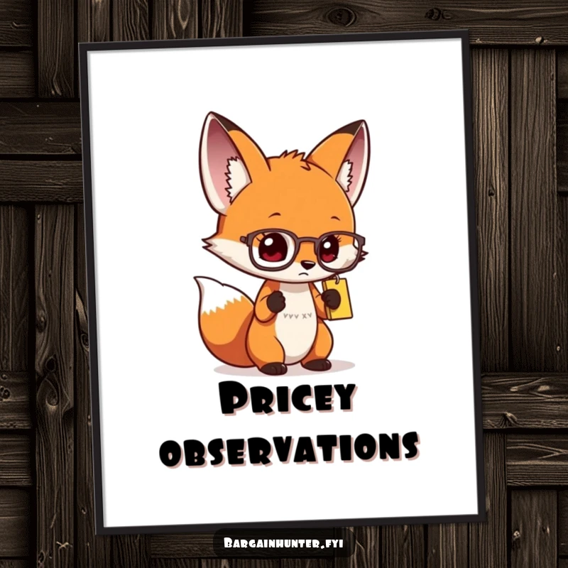 Funny curious fox poster showing a character with spectacles intently studying a price tag, a piece of witty decor.