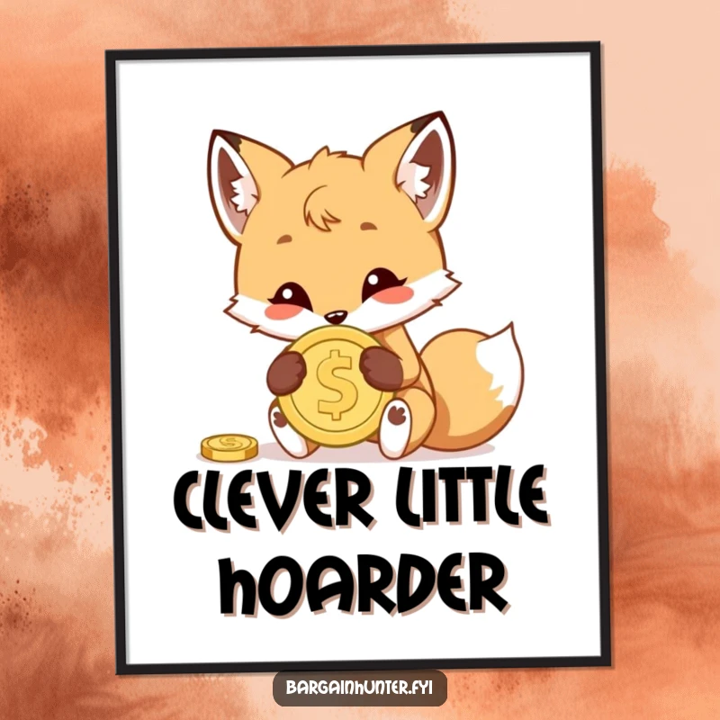 Funny poster illustrating a cunning fox cub concealing a shiny coin, depicting a scene of playful mischief and hidden treasures.
