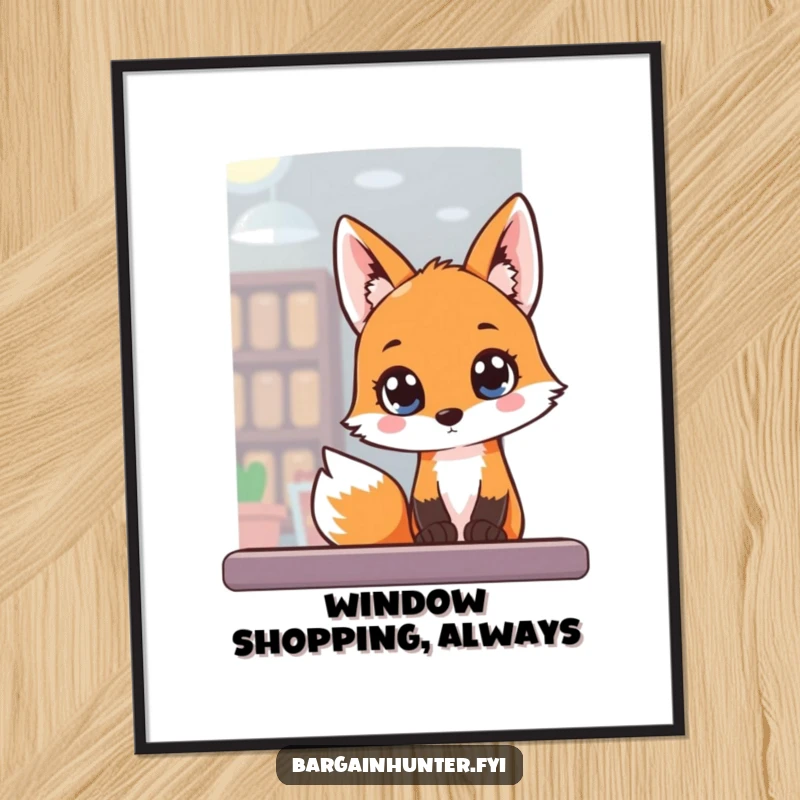 Funny Poster of a fox with wide, eager eyes peeking into a shop window, full of innocent wonder.