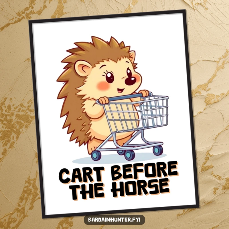 Funny hedgehog character determinedly pushing an oversized shopping cart, vibrant poster art for home decor.