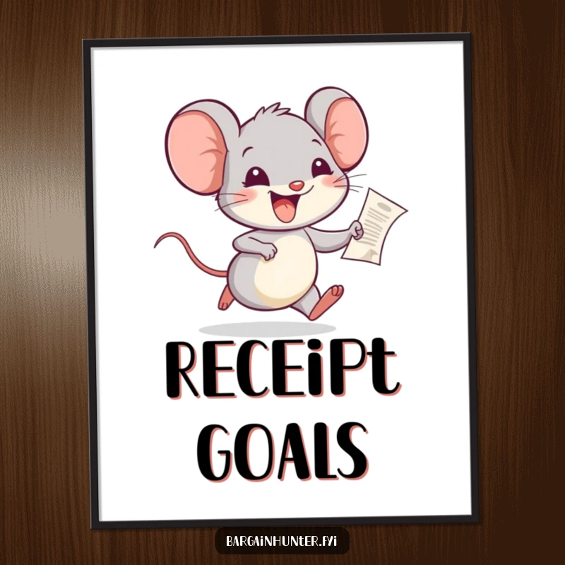 Funny Mouse Poster: A joyful mouse running with a tiny receipt, bringing happiness and humorous charm to wall decor.