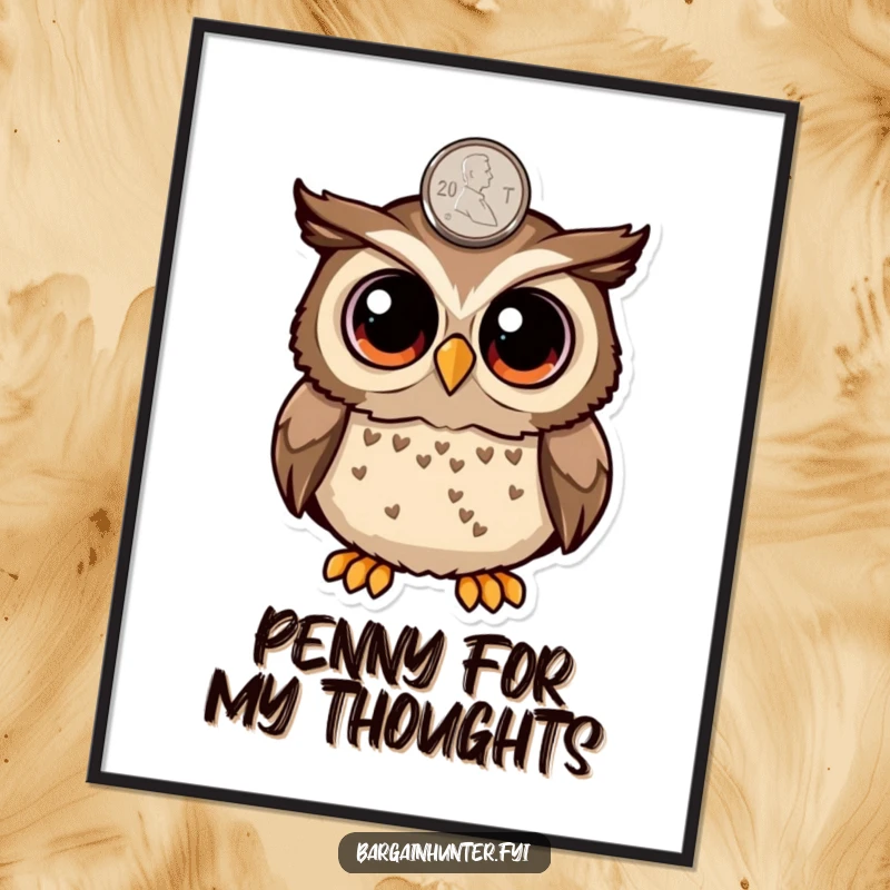 Funny surprised owl with large round eyes spotting a penny on a poster, whimsical wall art symbolizing discovery, excellent decor.
