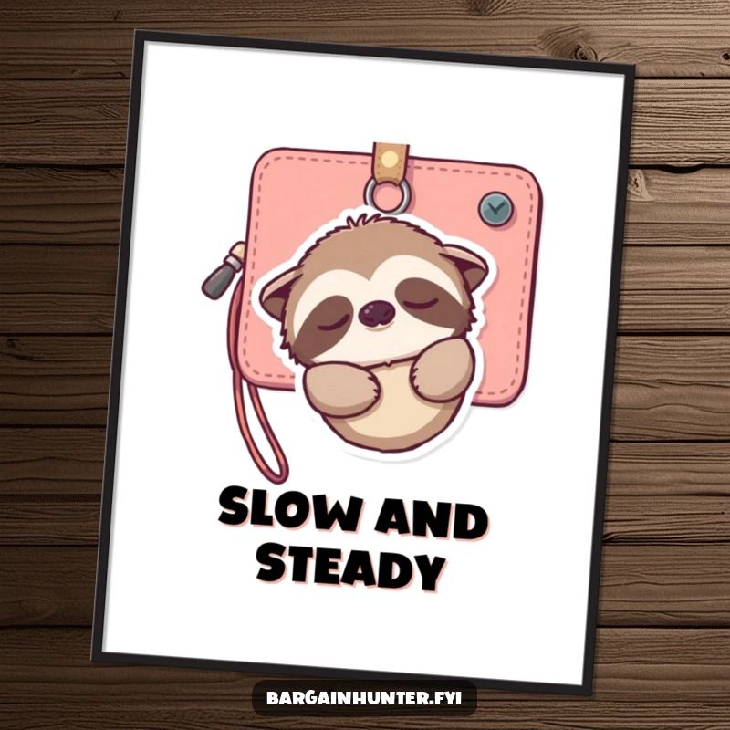 Funny poster illustrating a tranquil sloth hanging from a wallet, with a soft smile, depicting a scene of gentle relaxation and peace.
