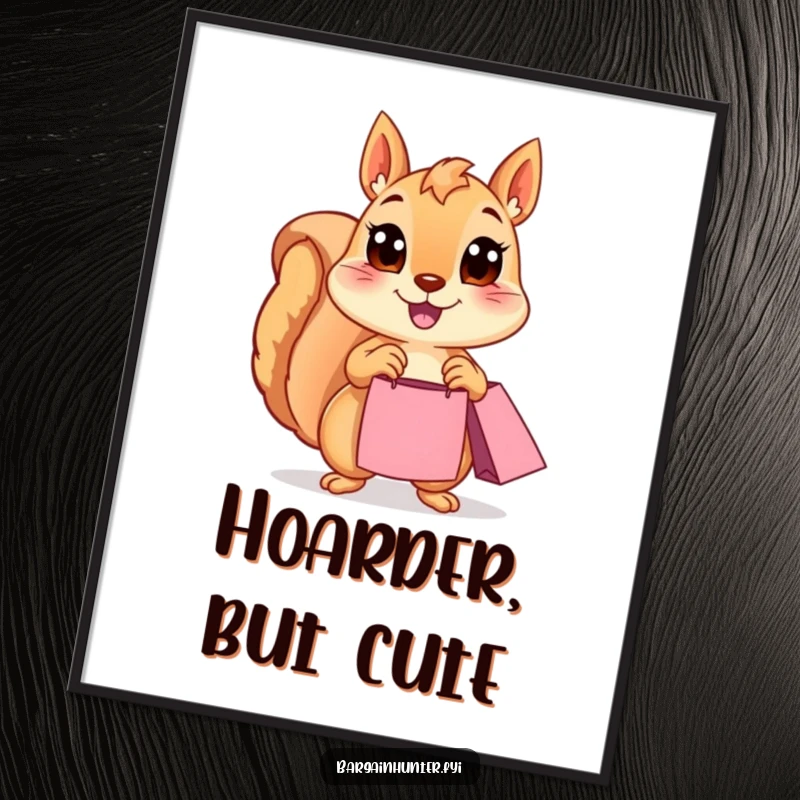 Funny Squirrel Poster: A wide-eyed, happy squirrel joyfully holds a shopping bag, celebrating consumerism. Whimsical and amusing wall art for any space.