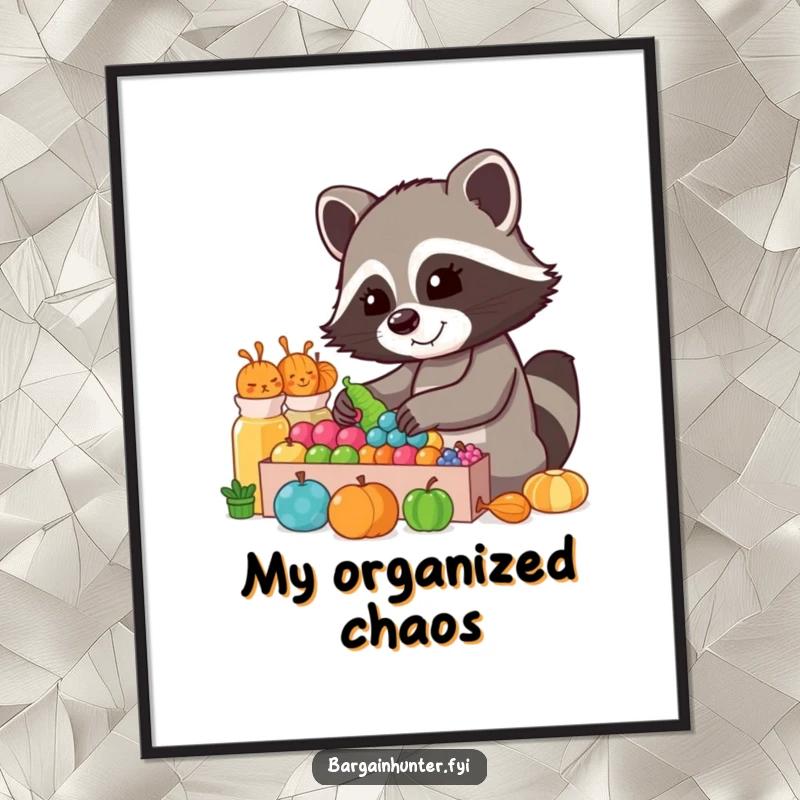 Funny Raccoon Collector Poster: A cheerful raccoon sorts through a colorful display, adding whimsical humor to any room.