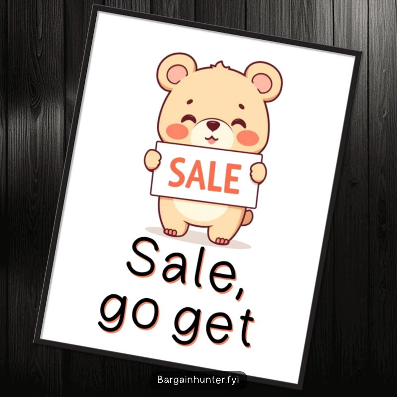 Funny poster art of a cheerful bear cub holding and waving a sale sign, promoting a great deal.