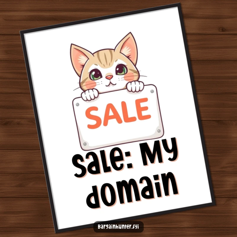 Funny cat peeking from behind a sale sign on a poster, decorative art capturing a curious shopper, great for walls.