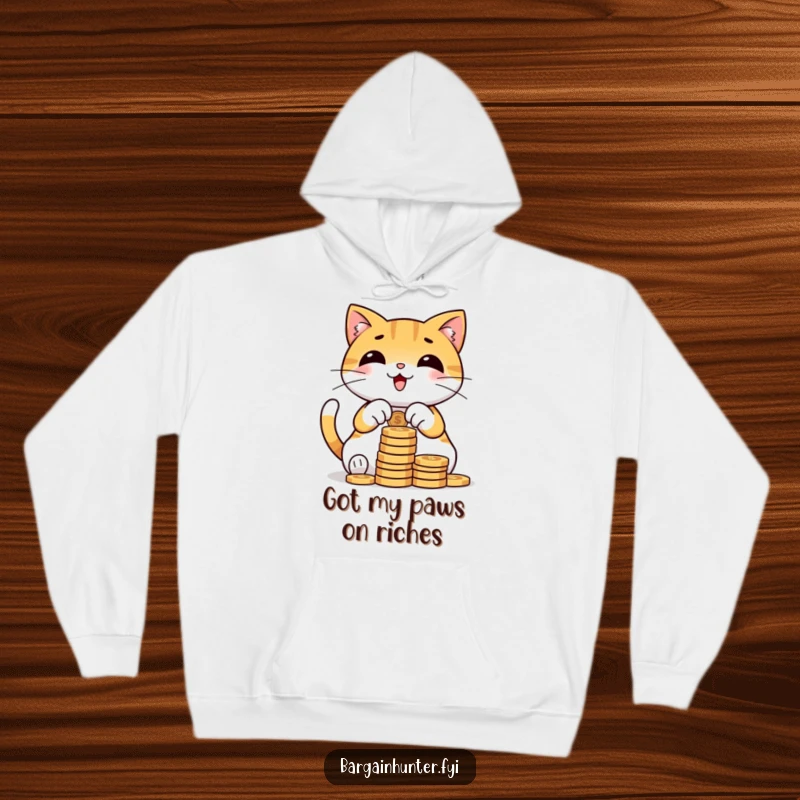 Funny cat hoodie featuring a cheerful character meticulously counting a substantial stack of coins, radiating wealth and contentment.