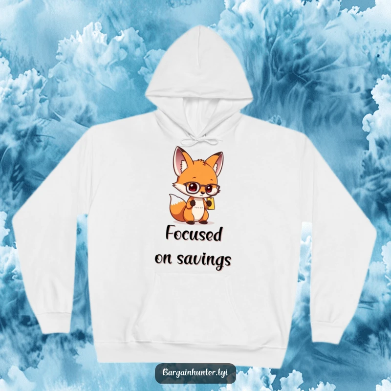 Funny curious fox hoodie with spectacles, intensely focused on a price tag, offering warmth and clever humor.