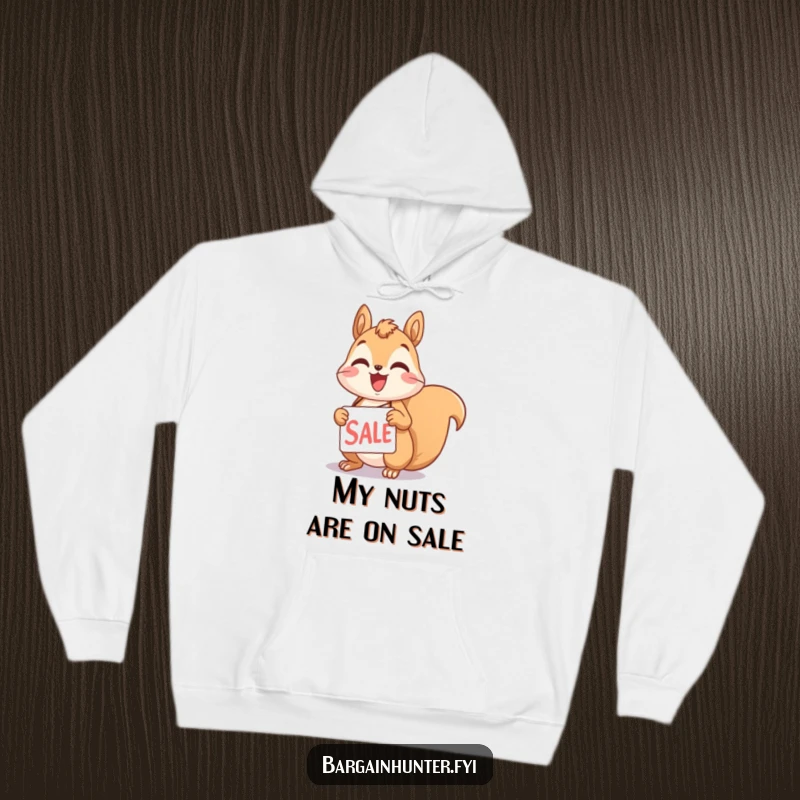 Funny squirrel hoodie with a delighted character holding a sale tag, perfect for staying warm and celebrating savings.
