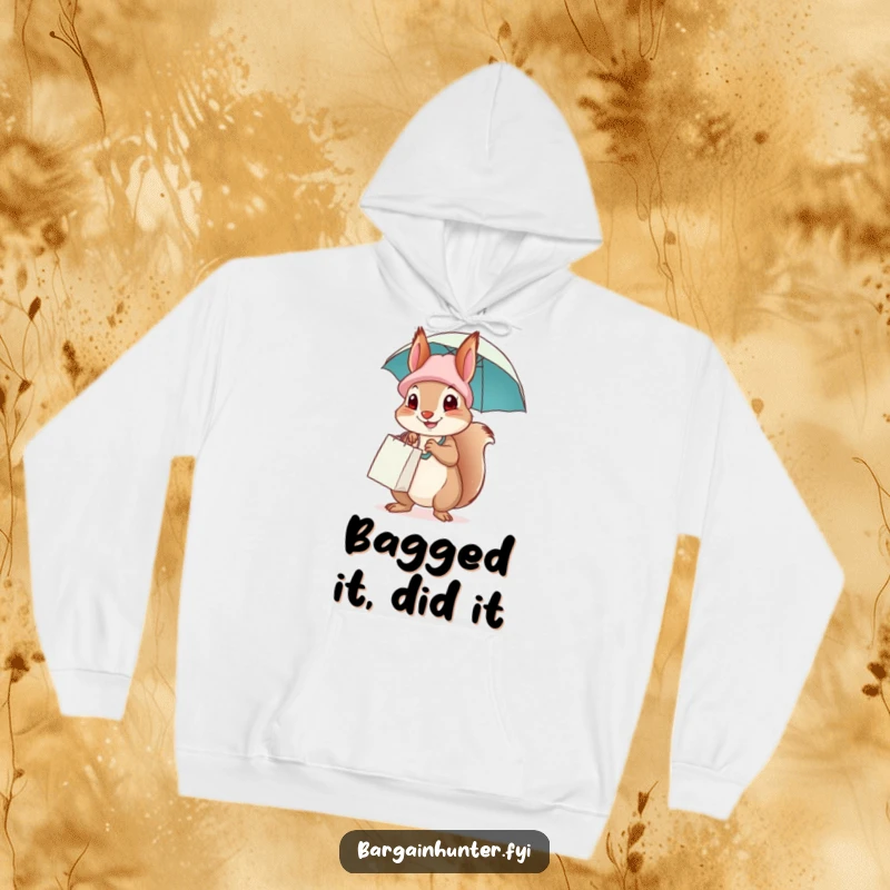 Funny squirrel sporting a shopping bag hat and umbrella, perfect for cozying up or heading out in style.