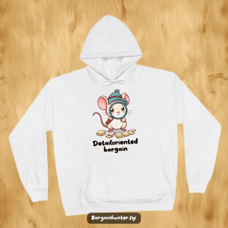 Funny Hoodie with a mouse wearing a hat and using a magnifying glass to find excellent deals.
