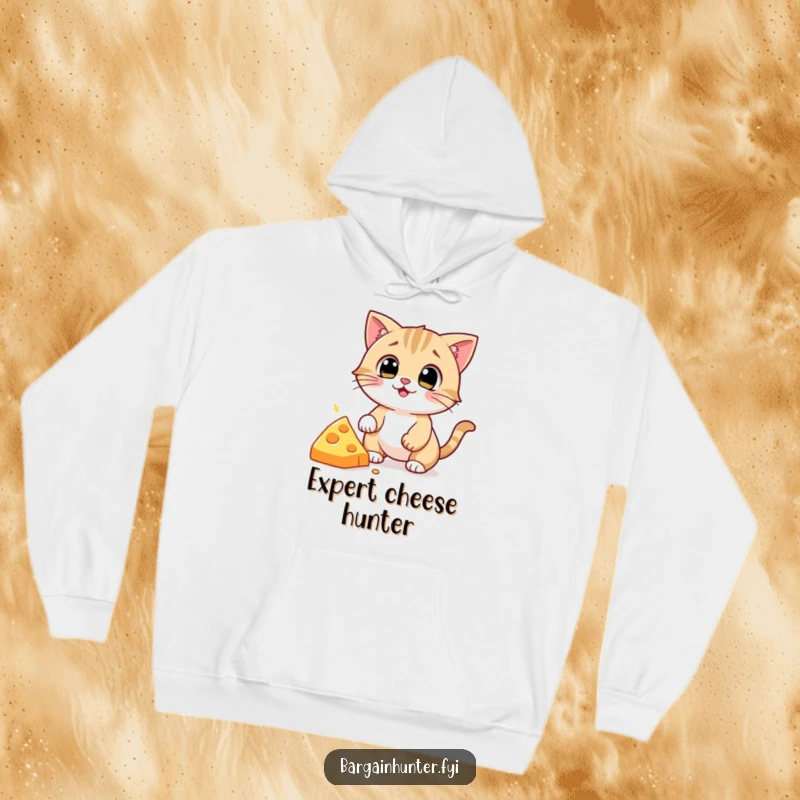 Funny Cat Hoodie: Cozy sweatshirt featuring a wide-eyed cat character aggressively pursuing a dropped slice of cheese with playful intent.