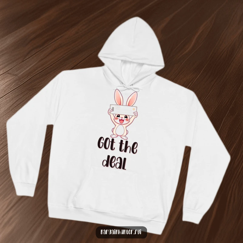 Funny bunny hoodie showing a happy bunny holding a huge coupon triumphantly.