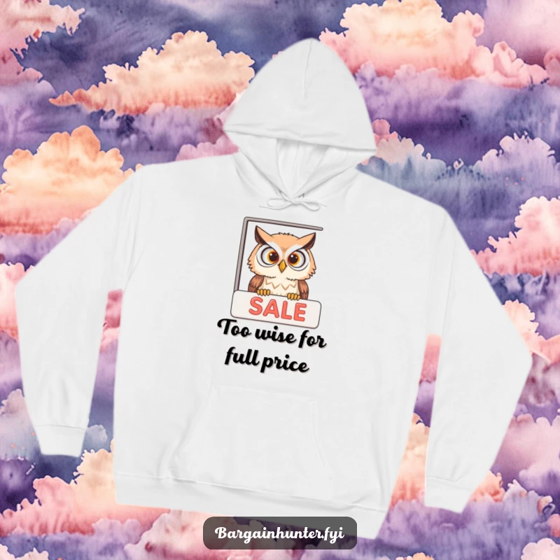 Funny curious owl peeking into a sale advertisement, printed on a soft hoodie for warm, humorous comfort.