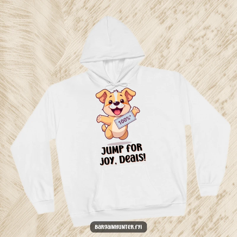 Funny, happy dog wearing a discount coupon, leaping with excitement, designed on a warm and cozy hoodie, perfect for humorous comfort.