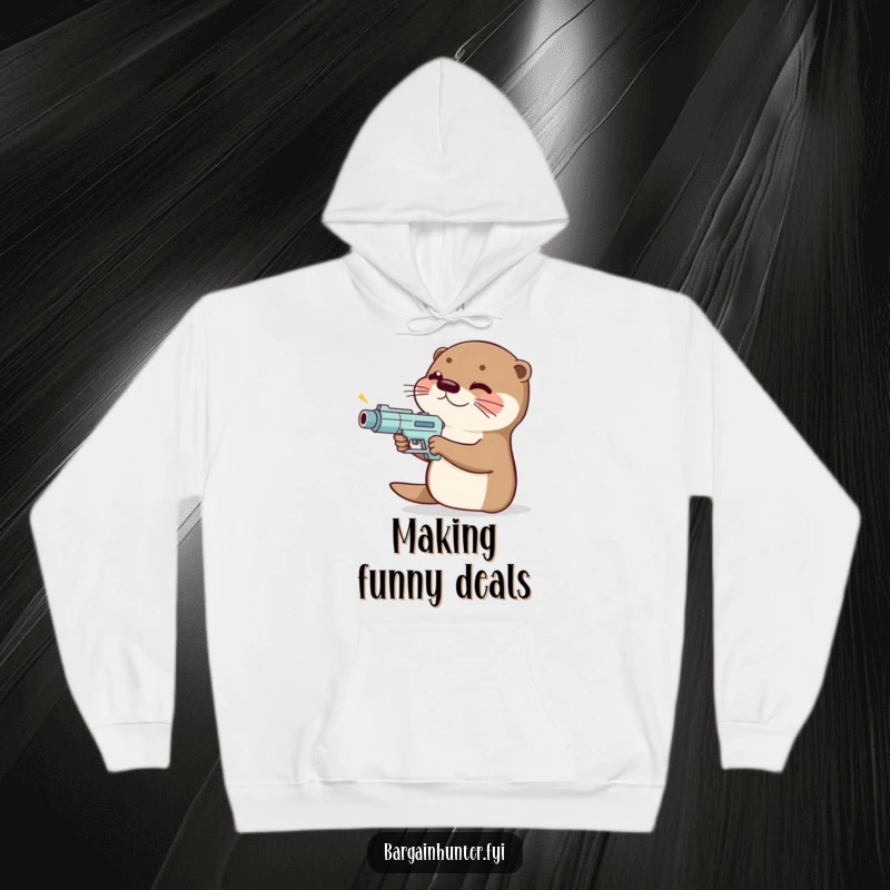 Funny giggling otter hoodie with a price gun, aiming it playfully, perfect for cozy shopping expeditions.