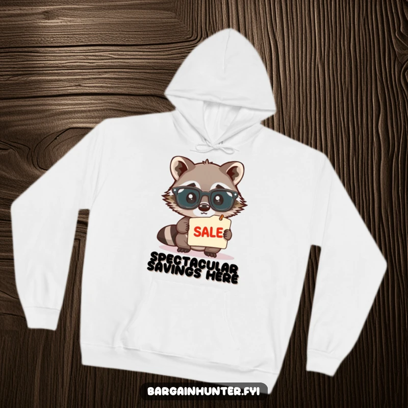 Funny, cute raccoon wearing large spectacles, peering intently at a sale tag, designed on a warm and cozy hoodie, perfect for humor.