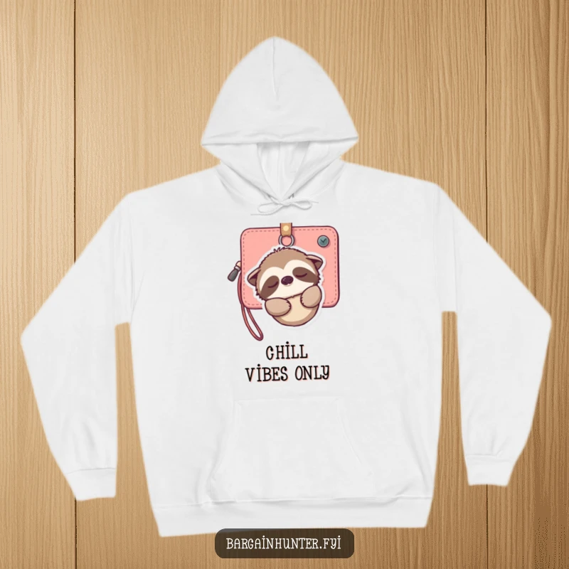 Funny hoodie featuring a serene sloth hugging a wallet, smiling peacefully, offering cozy warmth and gentle, humorous relaxation.