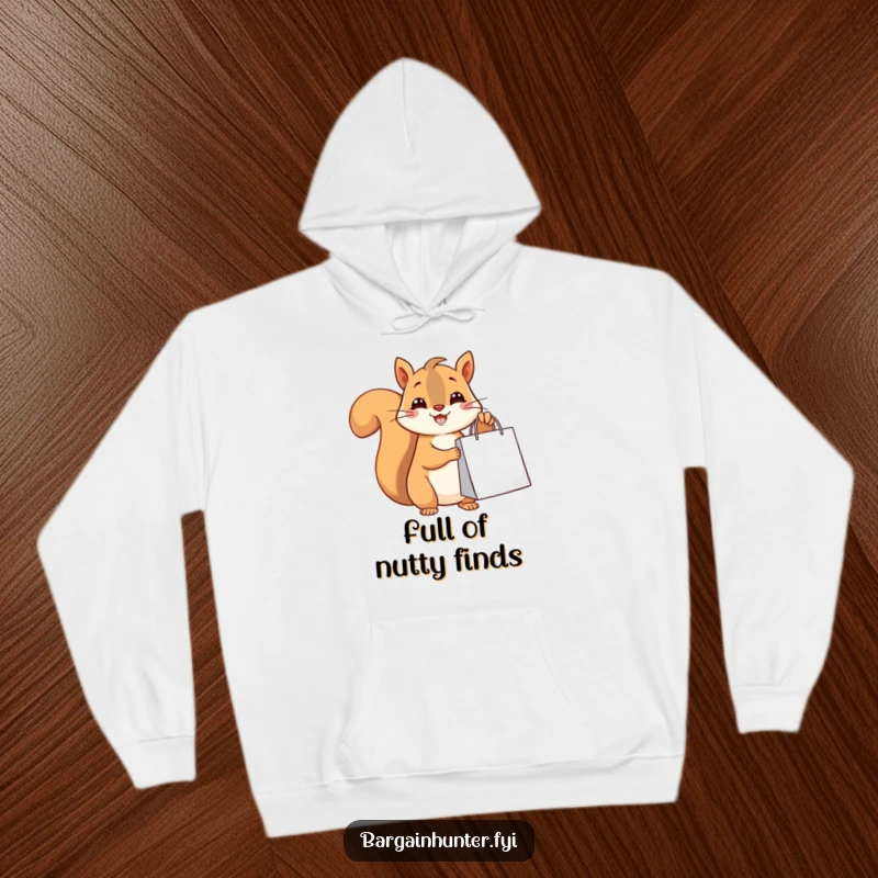 Funny happy squirrel holding a shopping bag, a cozy and humorous hoodie design.