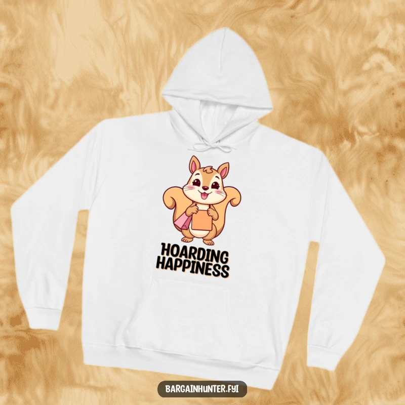 A smiling, funny squirrel character carrying a shopping bag, featured on a comfortable and funny hoodie.