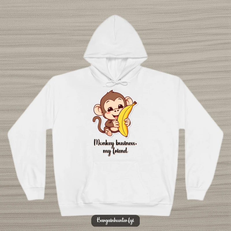 Funny monkey hoodie with a clever character trying to negotiate for a banana, perfect for warm and humorous wear.