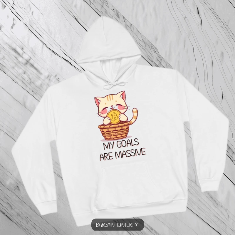 Funny hoodie: a proud cat dives with a giant coin towards a treasure basket, full of determination.