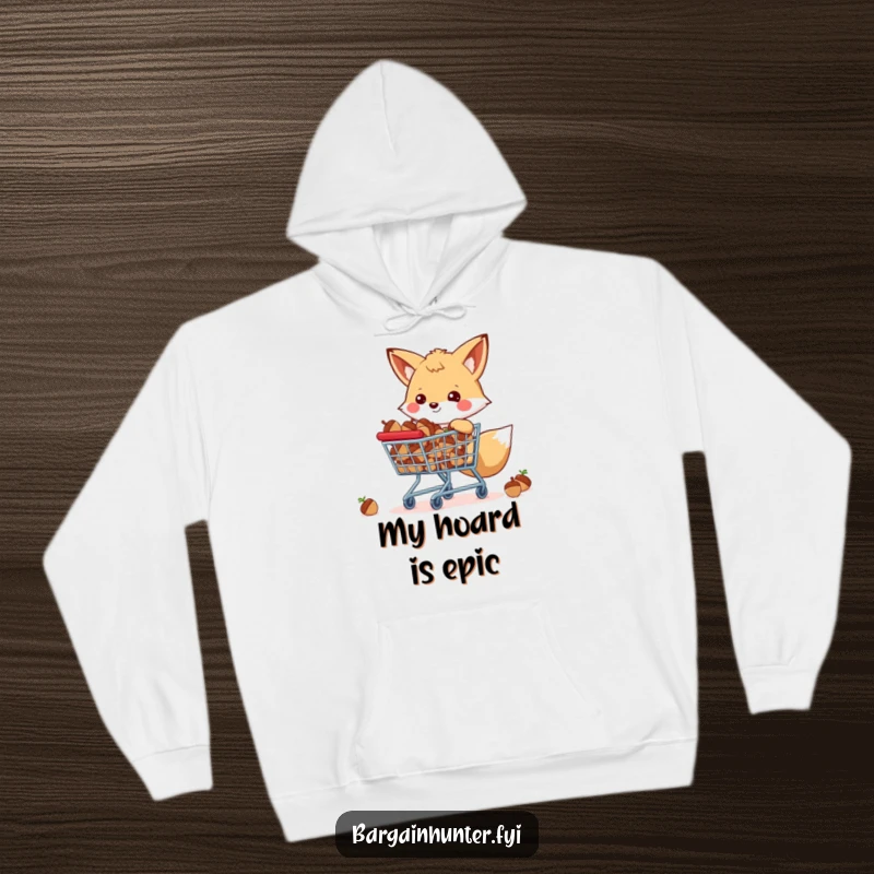 Funny happy fox with a shopping cart full of acorns, a warm hoodie for cozy woodland moments.