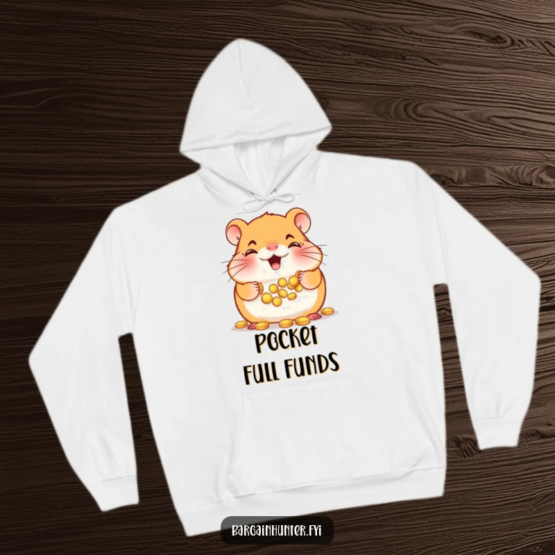 Funny Hamster Hoodie: Happy hamster with full cheeks, gathering tiny gold coins, soft and warm for savers.
