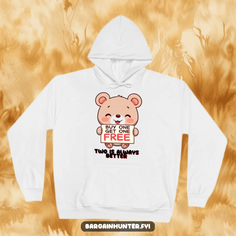 Funny Bear BOGO Hoodie: A happy bear displays a buy one get one free sign, inviting everyone to enjoy great savings.