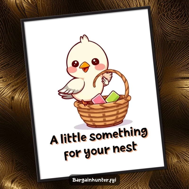 Funny Free Printable Wall Art: A mischievous bird is captured mid-action dropping a small item into a basket, humorous downloadable art.