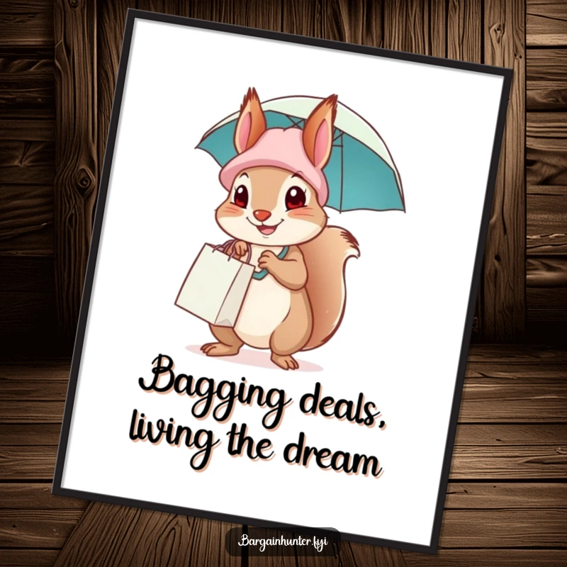 Funny Free Printable Wall Art: A happy squirrel wearing a shopping bag hat and holding an umbrella, adding quirky charm to your walls.