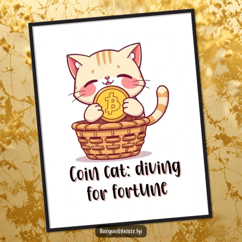 Funny Free Printable Wall Art: A proud cat dives headfirst with a giant gold coin towards a basket.