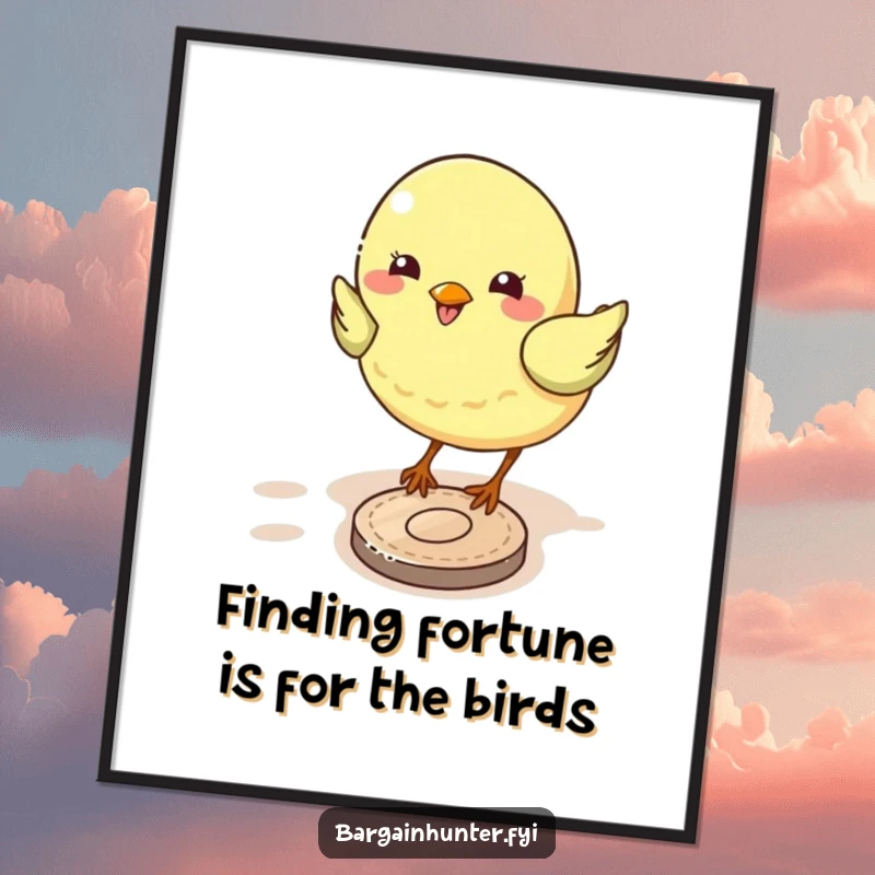 Funny free printable bird wall art, a happy bird pecking at a shiny coin, humorous downloadable decor.