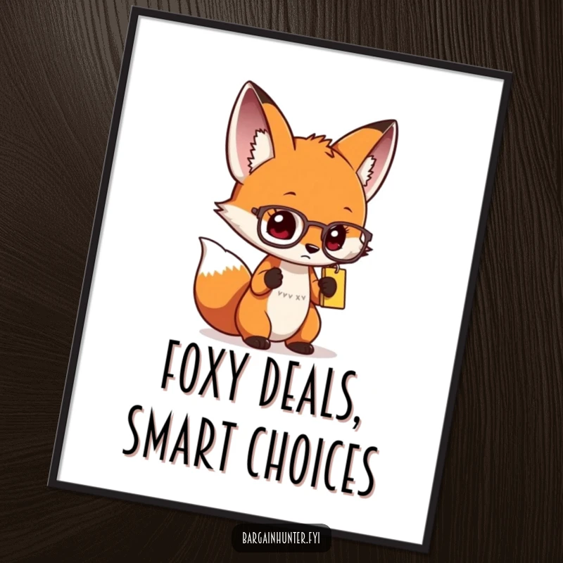 Funny Free Printable Wall Art of a curious fox character wearing tiny spectacles, intensely examining a price tag with scholarly focus.