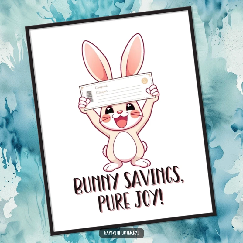 Funny Free Printable Wall Art: Joyful bunny triumphantly holds a giant coupon aloft, celebrating savings.