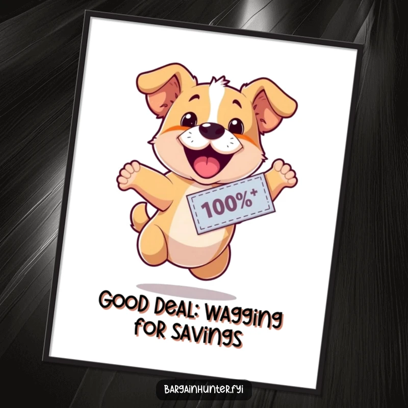 Funny Free Printable Wall Art: A happy dog wearing a discount coupon, captured mid-leap with pure, unadulterated excitement.