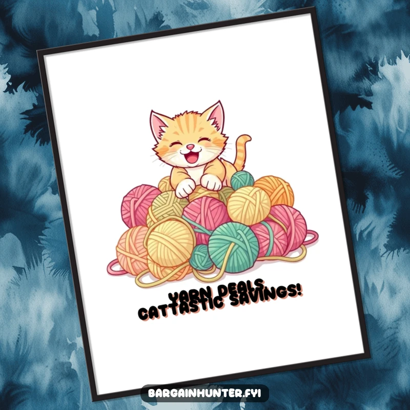 Funny Free Printable Wall Art: Playful kitten gleefully pounces on a massive pile of discounted yarn balls.