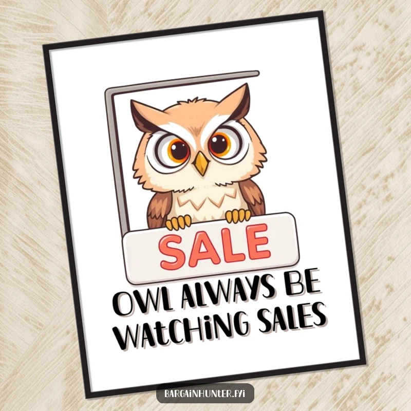 Funny Free Printable Wall Art featuring a curious owl peeking into a sale advertisement, perfect for witty decor.