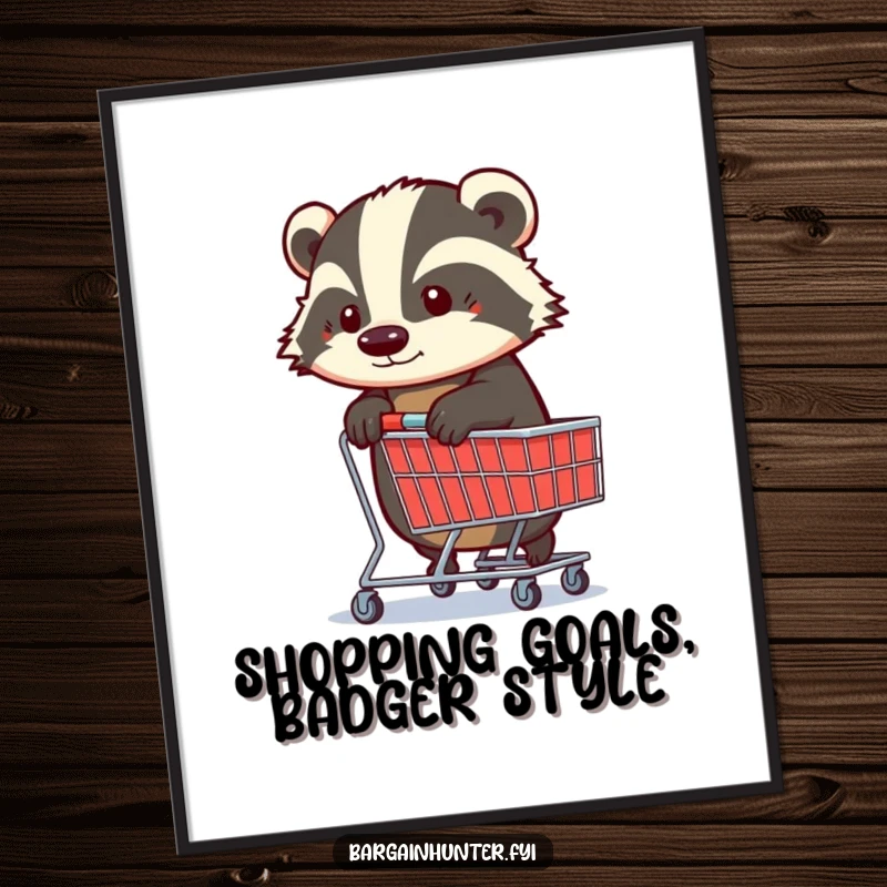 Funny free printable wall art: A determined badger fiercely grips a shopping trolley, symbolizing ambition and shopping prowess.