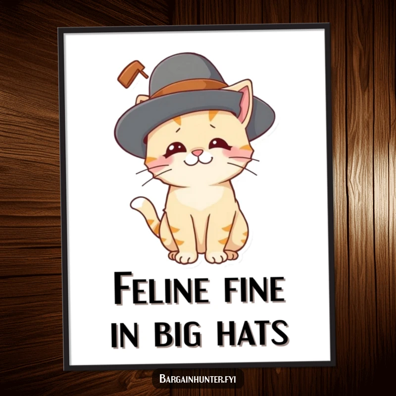 Funny Free Printable Wall Art: A playful cat character wearing a ridiculously large hat with an amused expression.